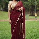 Georgette Red Saree with gold border Sarees Aynaa 