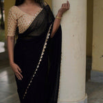 Georgette Black Saree with gold border Sarees Aynaa 