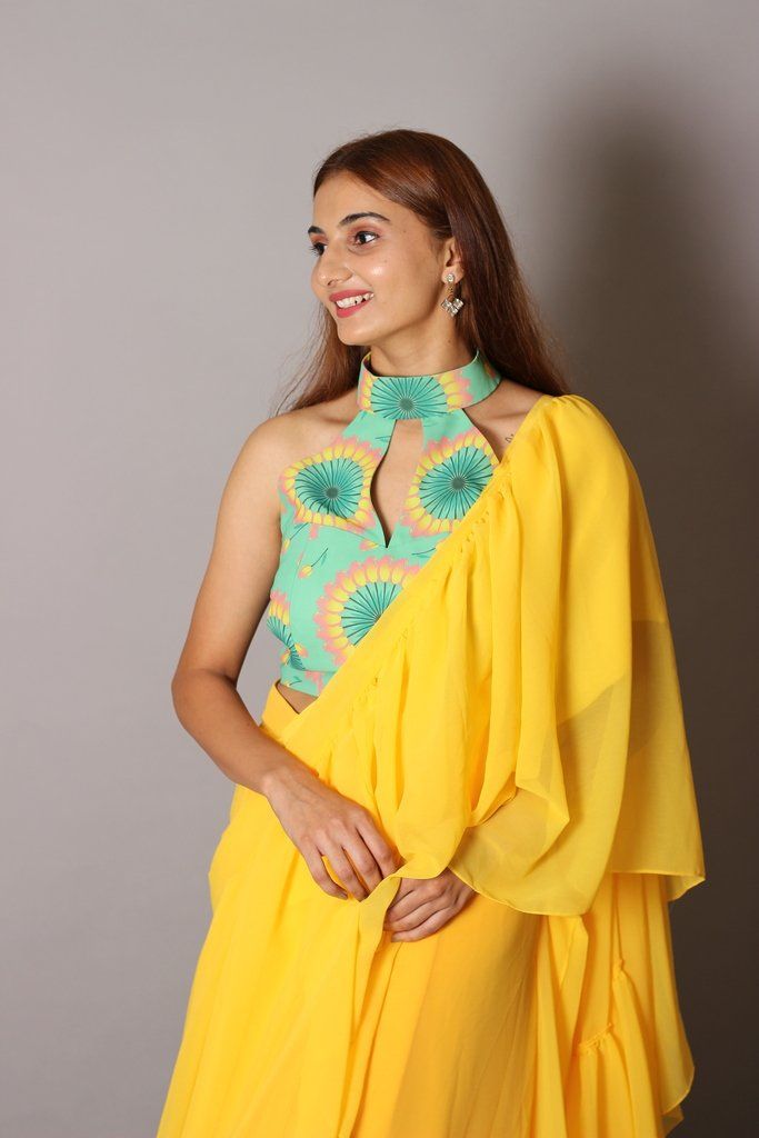 Yellow Ruffle Saree With Blouse Set Sarees Aynaa 
