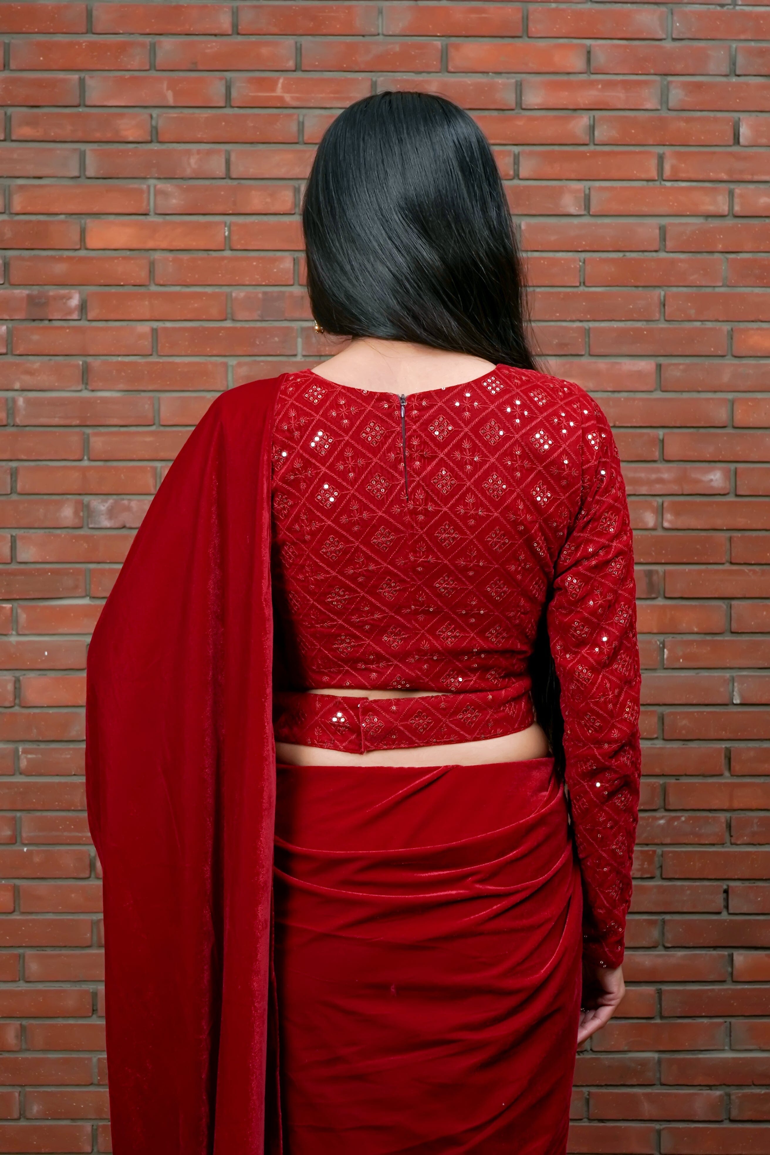 Raga Pre-draped Red Velvet Saree Sarees Aynaa 
