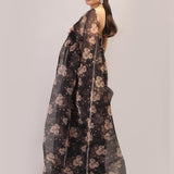 Black Organza Saree with Roses print