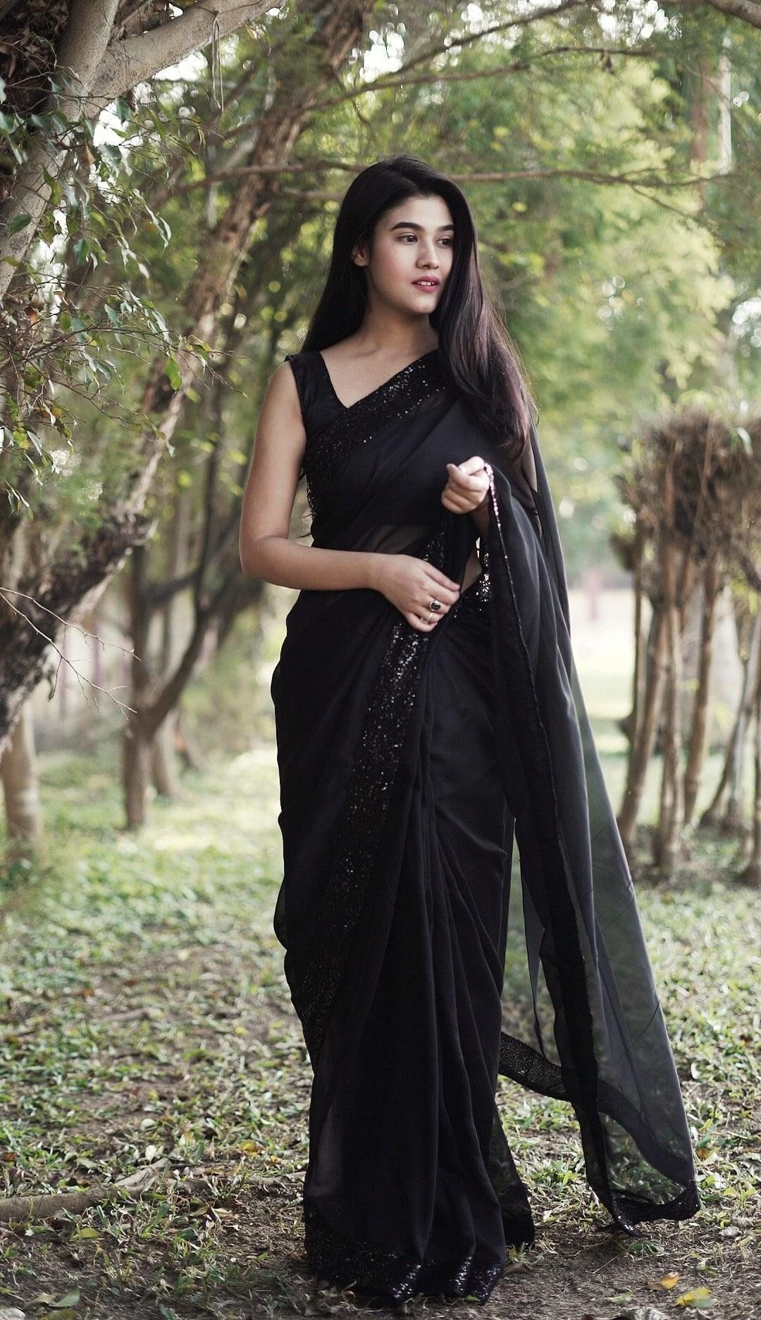 Black Sequinned Border Embellished Georgette saree – House of Aynaa ...