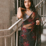 Black Floral Organza With Pearl Border Saree