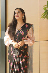 Black Satin Saree with Coloured Leaves