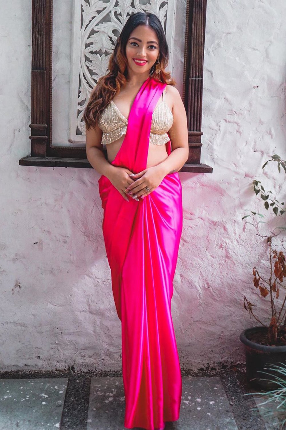 Hot Pink Satin Saree Sarees Aynaa 