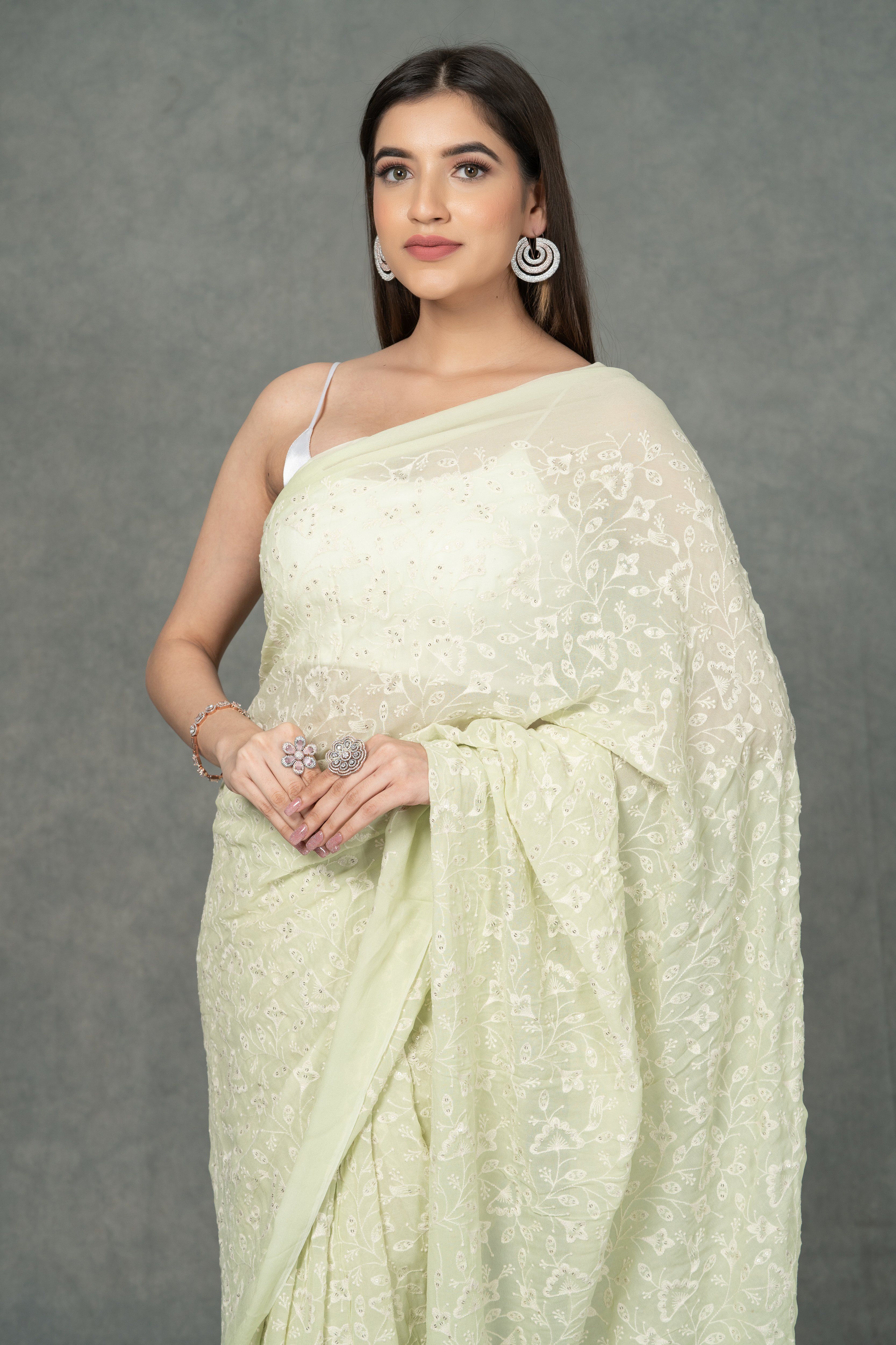 Light Green Chikankari Saree Sarees Aynaa 