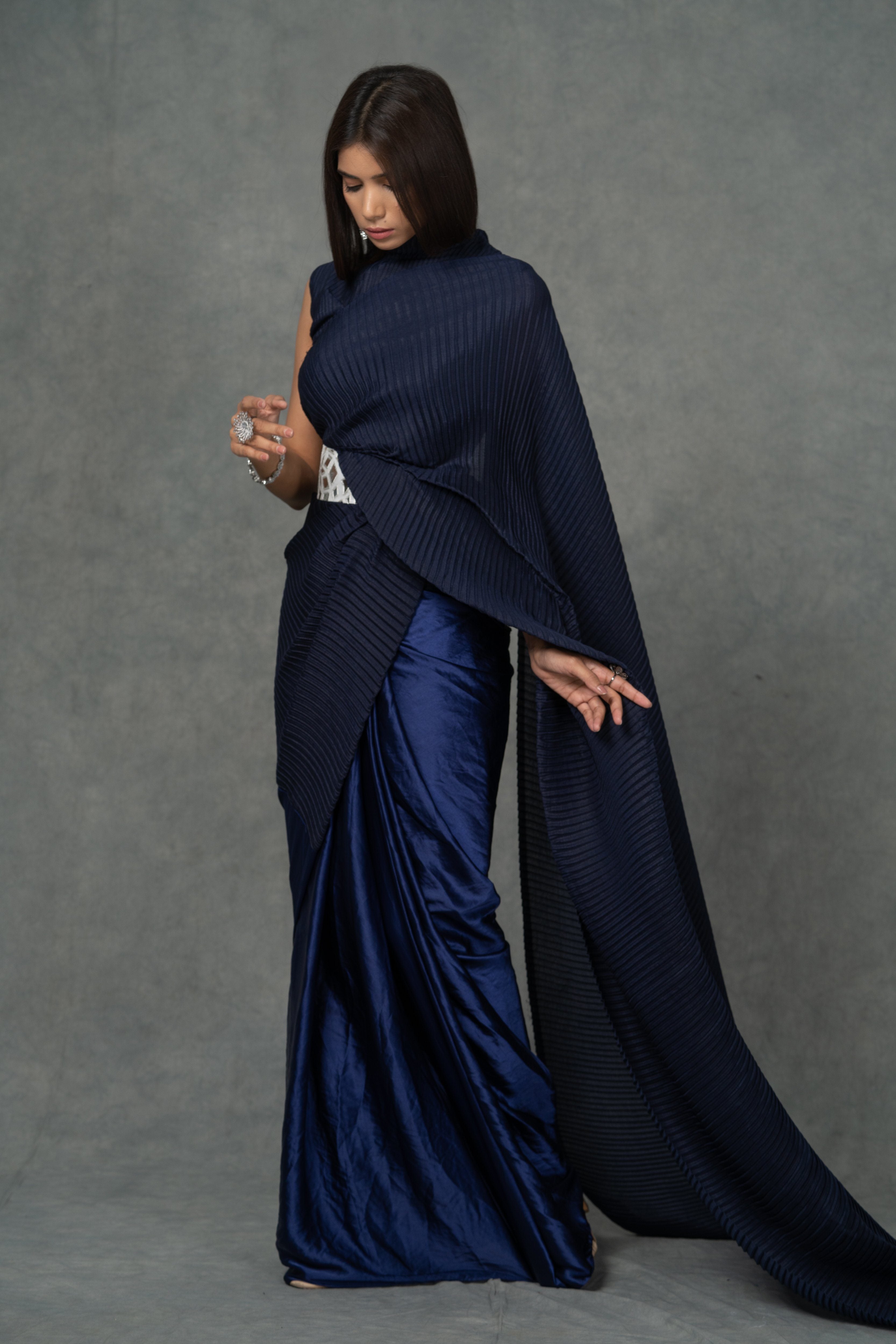 Pleated Blue Saree with belt Sarees Aynaa 