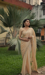 Pearl Embellished Beige Saree Sarees Aynaa 