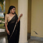 Georgette Black Saree with gold border Sarees Aynaa 