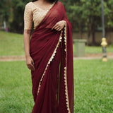 Georgette Red Saree with gold border Sarees Aynaa 