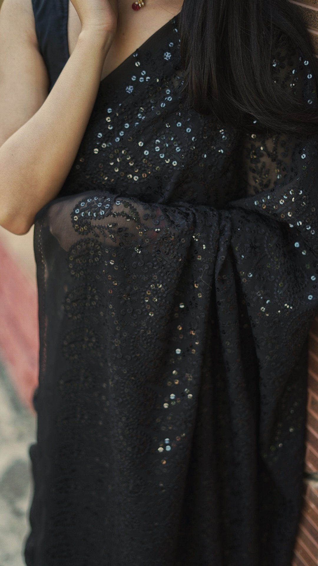 Sequinned Embroidered Black Georgette Saree. Sarees Aynaa 