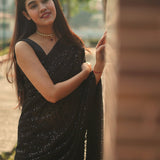 Sequinned Embroidered Black Georgette Saree. Sarees Aynaa 