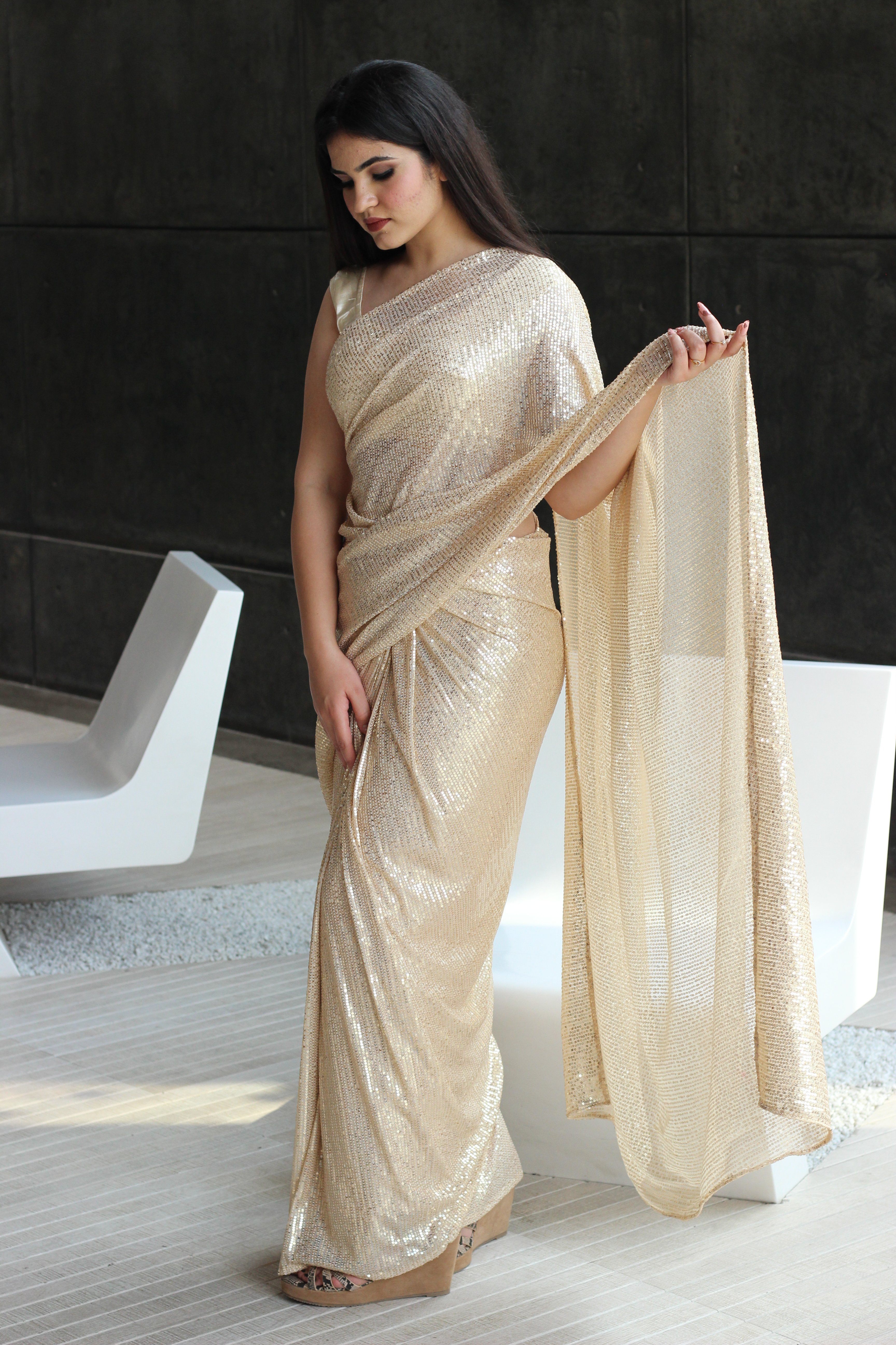 Shimmery Light Gold Saree Sarees Aynaa 