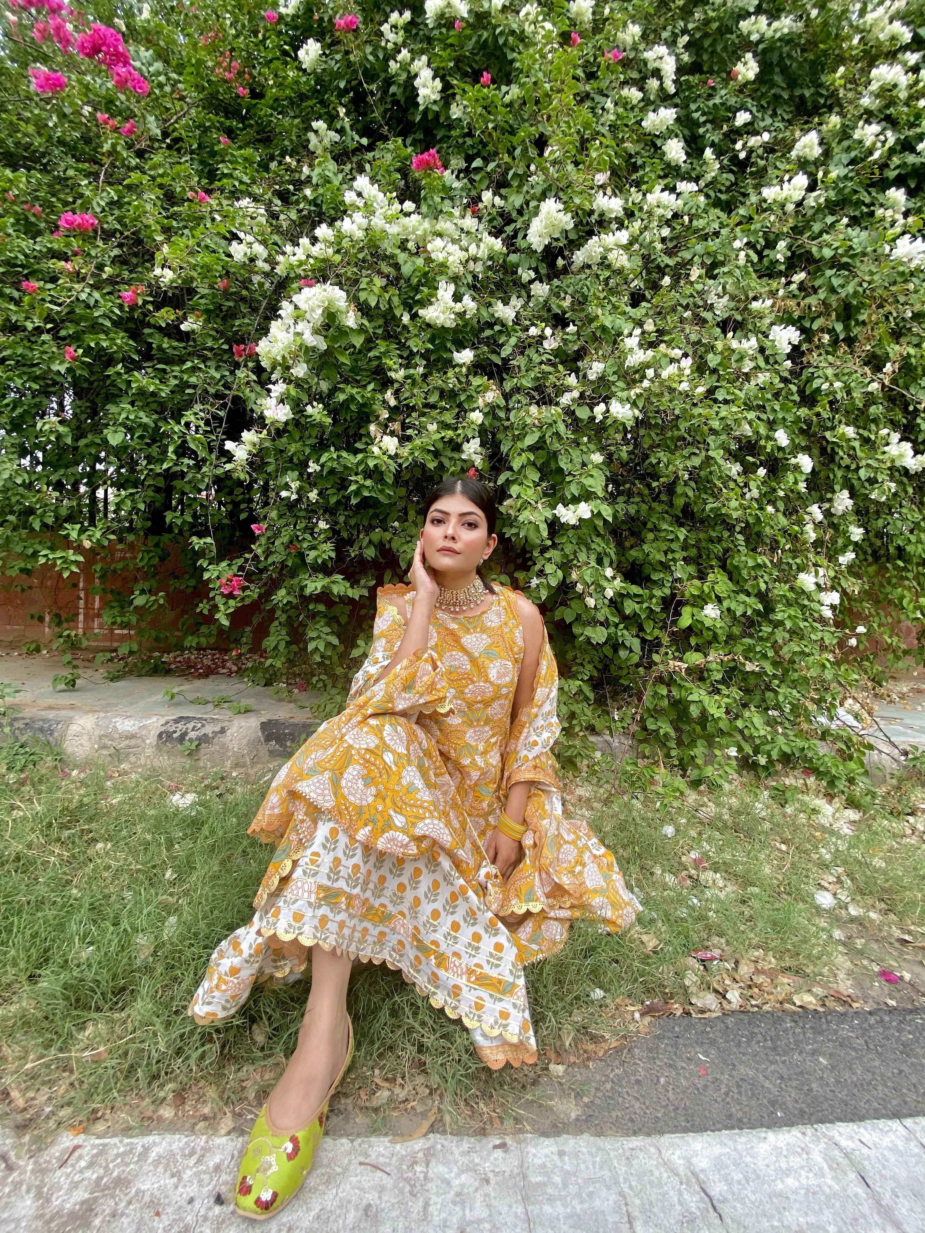 Marigold Handblock Gharara Set Sets Aynaa 