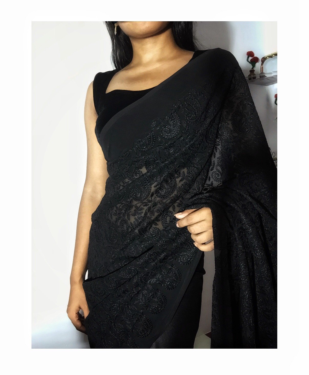 Half and Half -Hakoba Embroidery with Premium Satin Saree Sarees Aynaa Black 