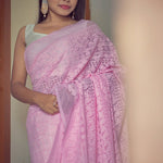White & Baby Pink Georgette With Satin Saree Sarees Aynaa 
