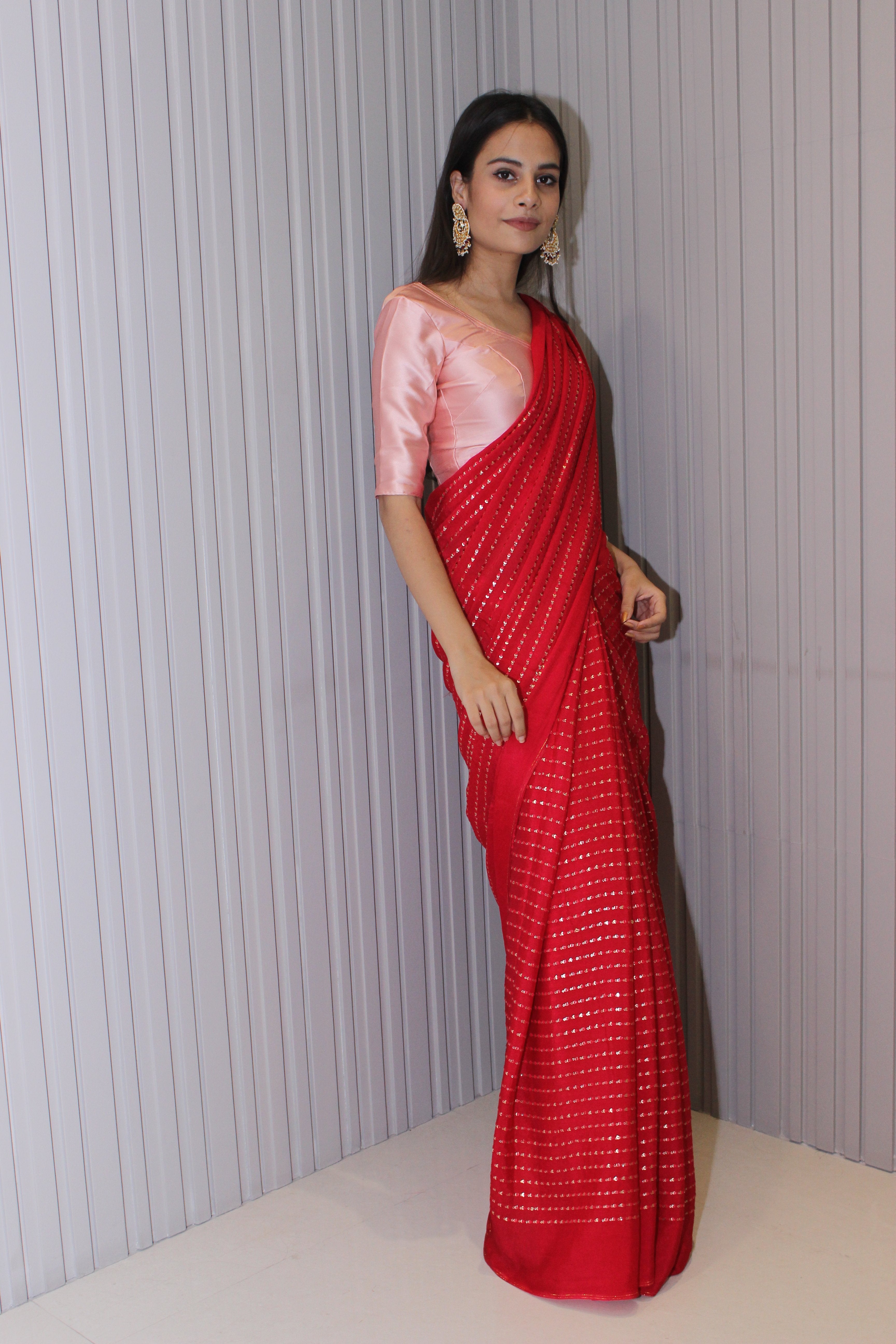 Red chinnon saree with embellishments Sarees Aynaa 
