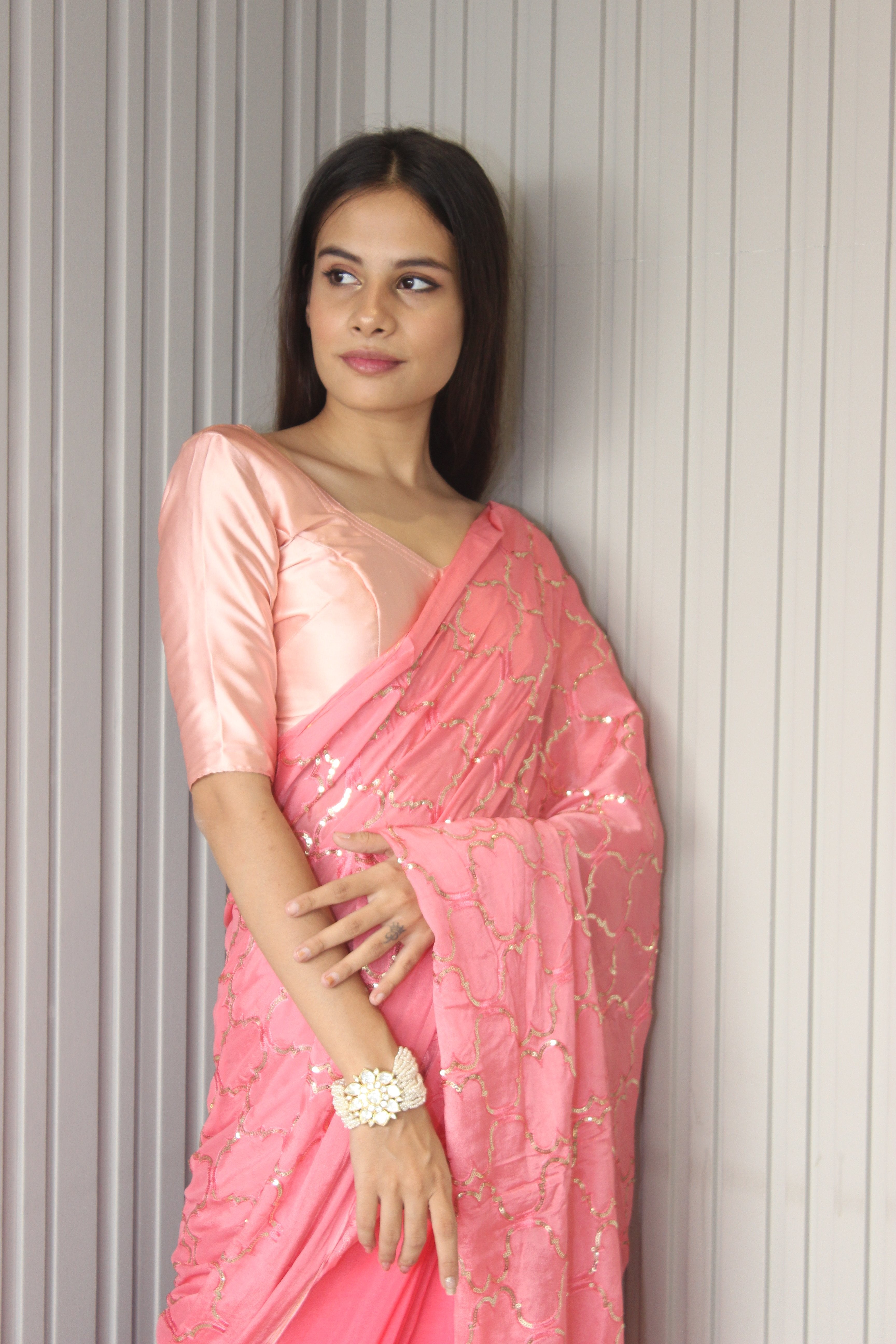 Half & Half Pink Chinnon & Satin Saree Sarees Aynaa 