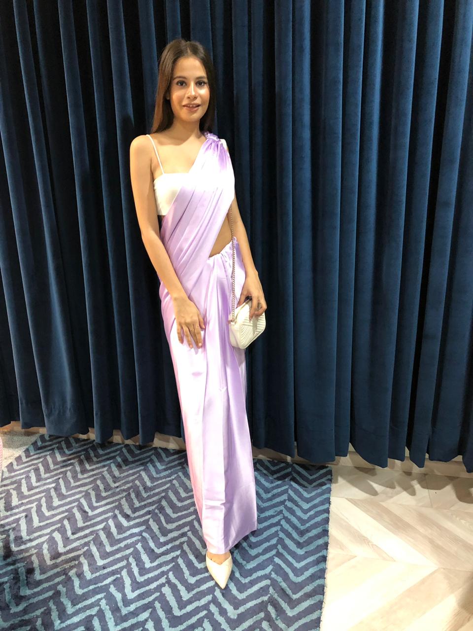 Pre-draped Lavender Satin Saree Sarees Aynaa 