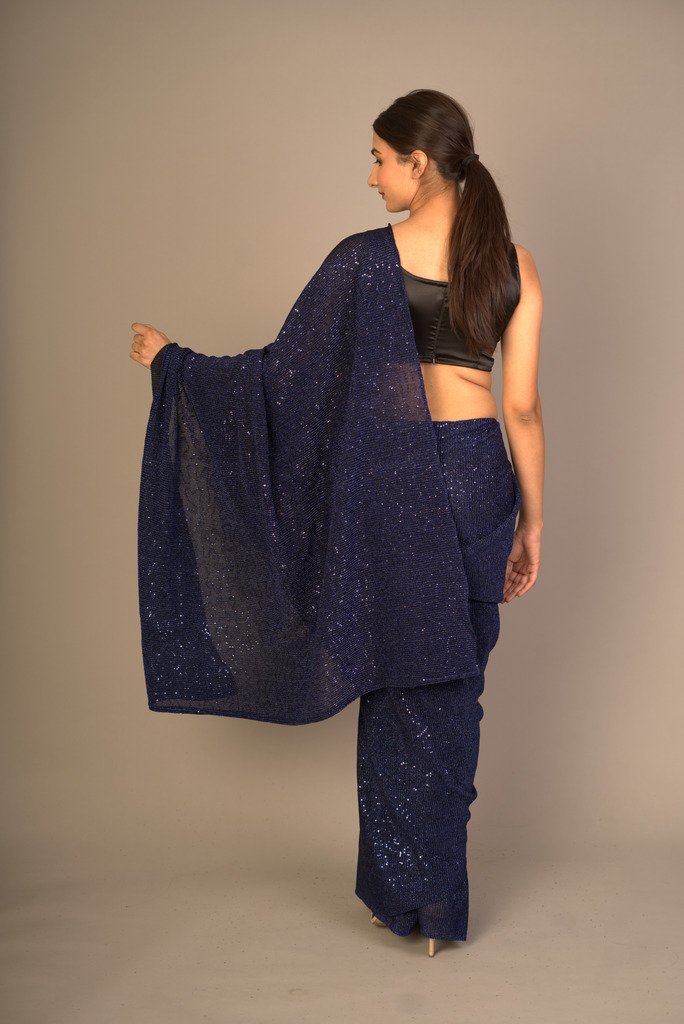 Shimmery Sequined Midnight Blue Saree Sarees Aynaa 