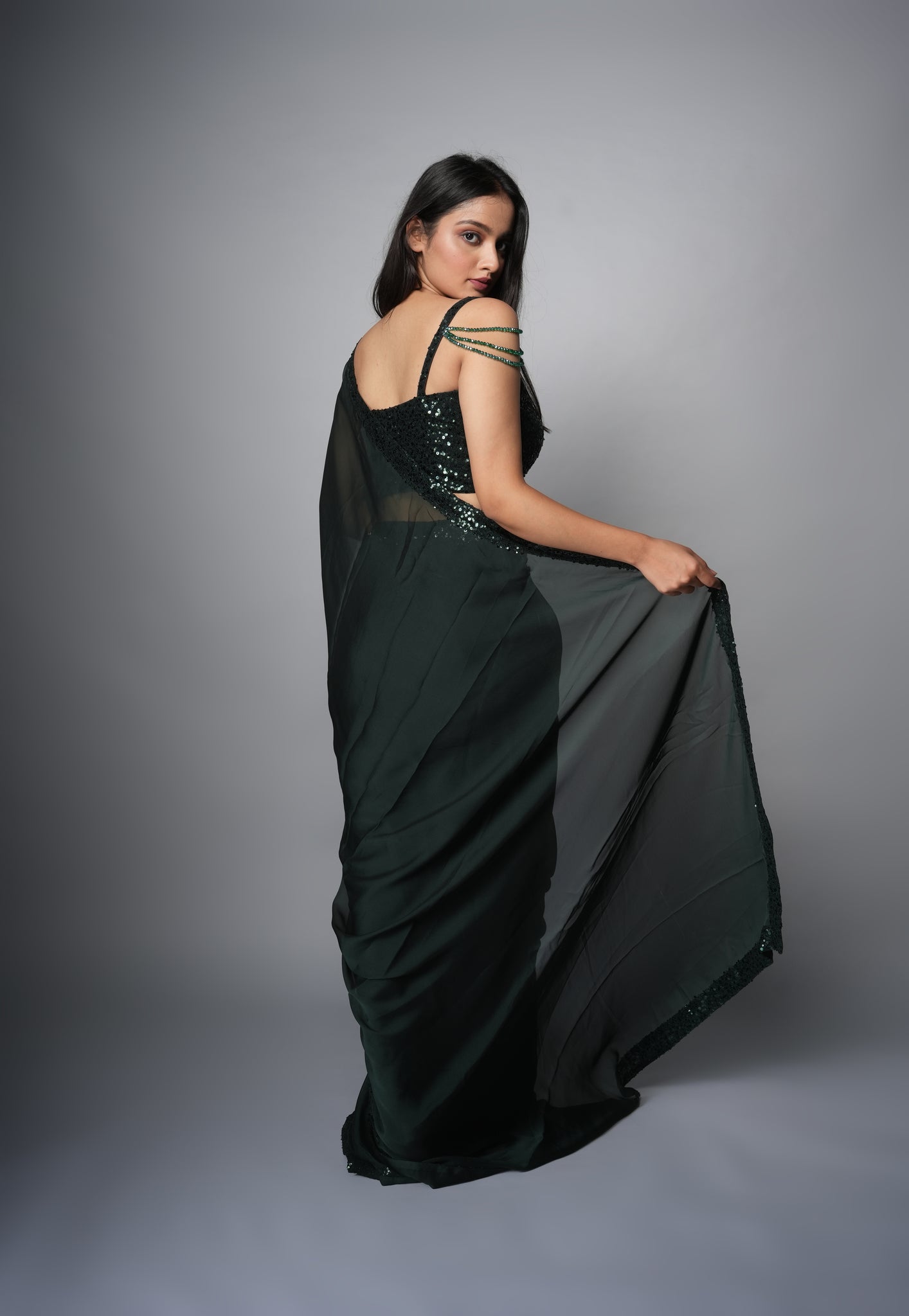 Bottle Green Sequinned Georgette saree Sarees Aynaa 