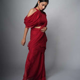 Pre-draped Charu Red Saree Sarees Aynaa 