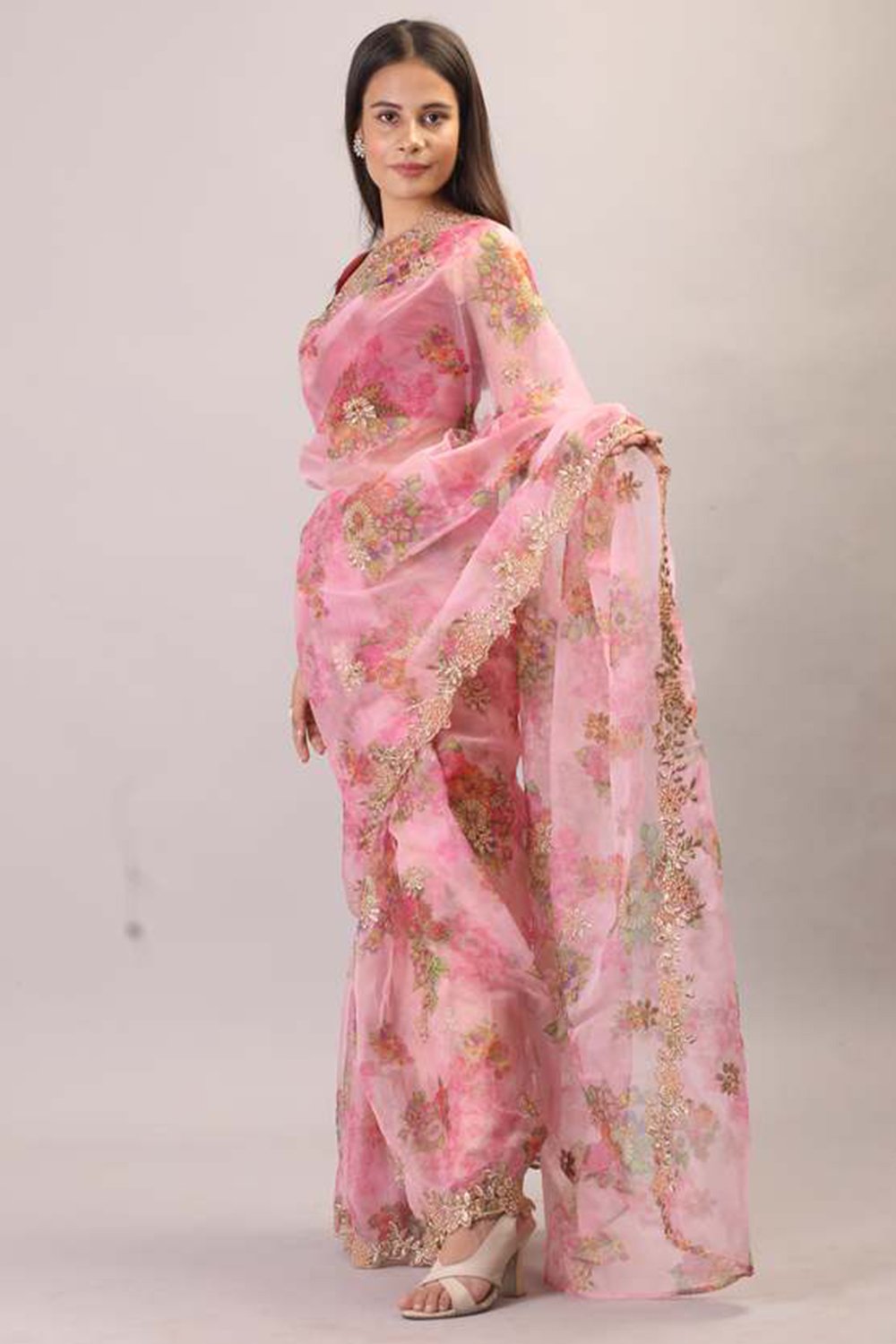 Festive Pink Organza Saree Sarees Aynaa 