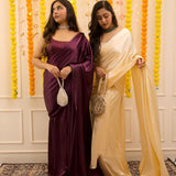 Pre-draped Plum Satin Saree with Blouse Sarees Aynaa 