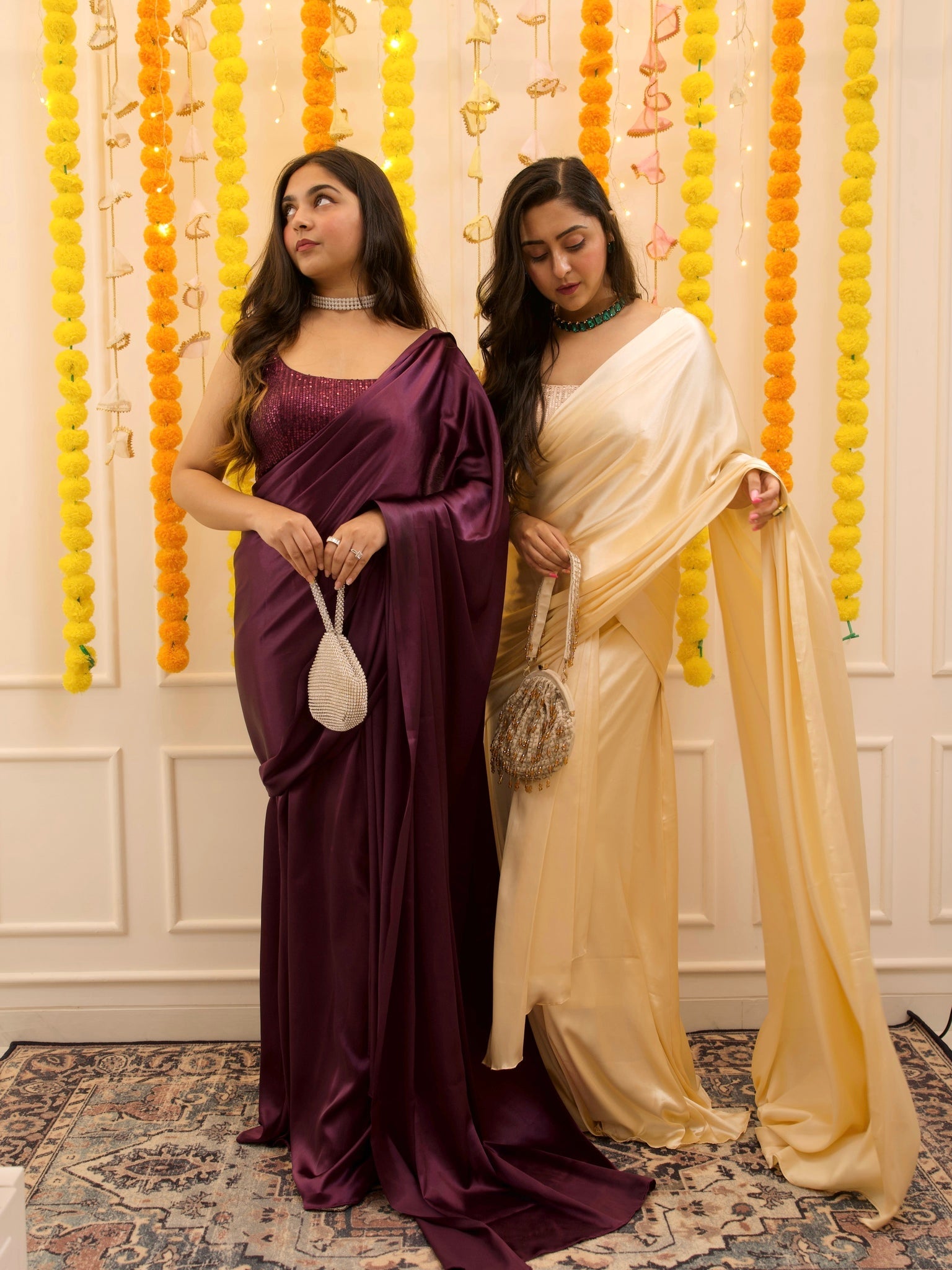 Pre-draped Plum Satin Saree with Blouse Sarees Aynaa 
