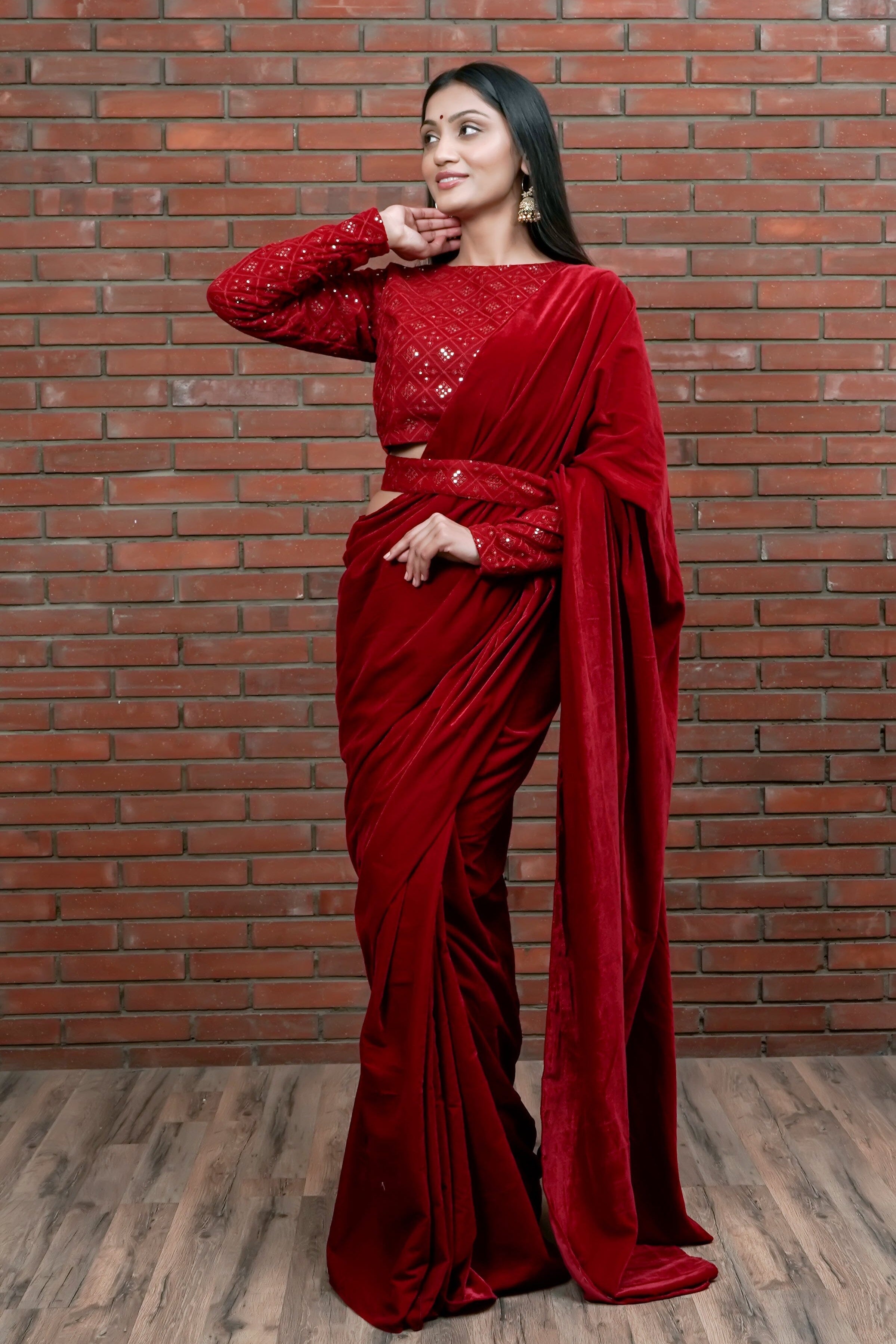 Raga Pre-draped Red Velvet Saree Sarees Aynaa 
