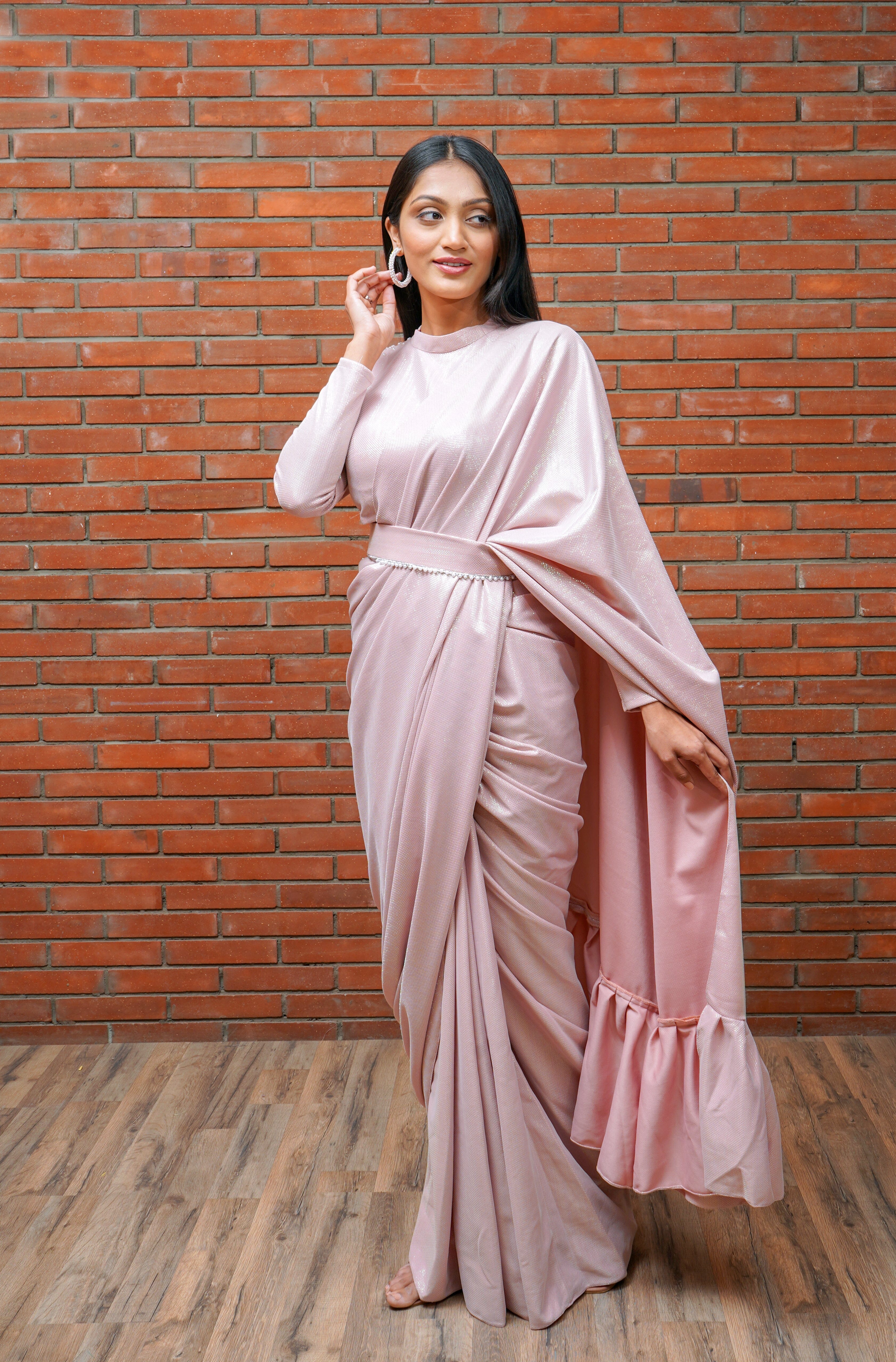 Pre-draped Pink Glitter Saree Sarees Aynaa 